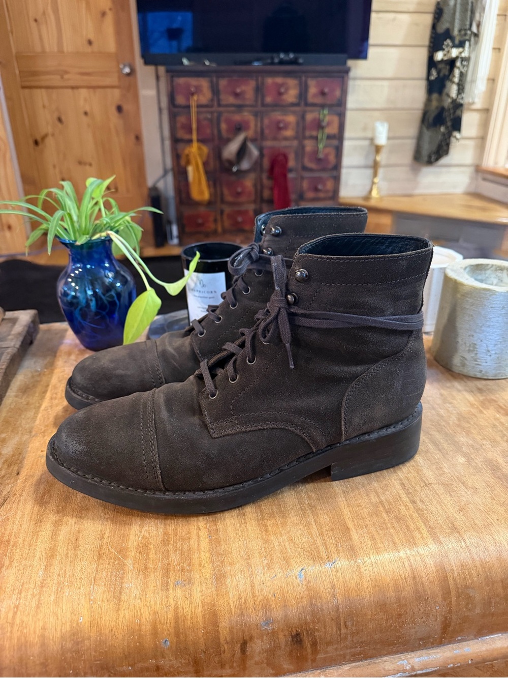 Men's Suede Lace-Up Cap-Toe Boots in Dark Brown